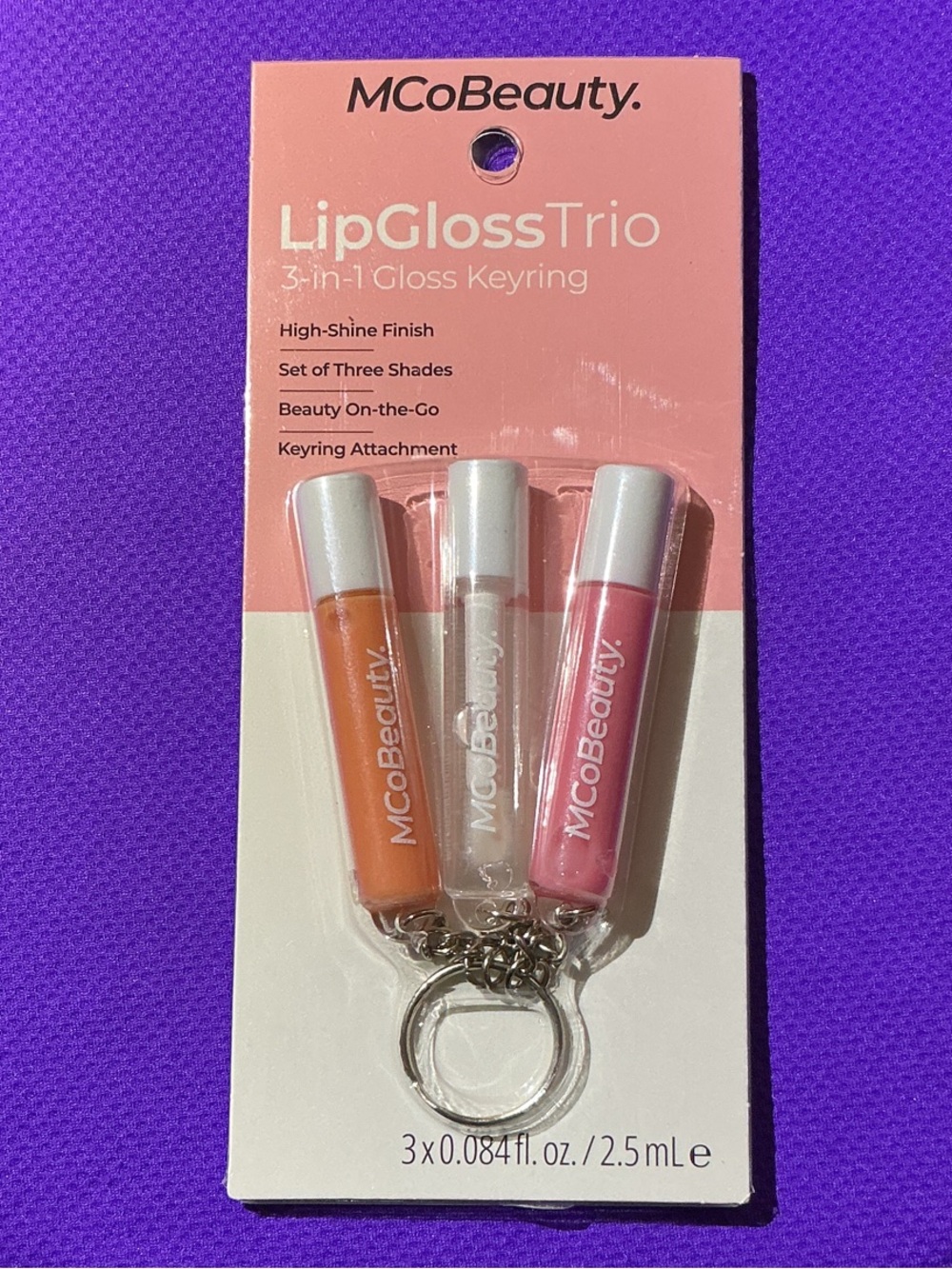 MCoBeauty LipGloss Trio Keyring — Pink, Clear & Orange Gloss Set